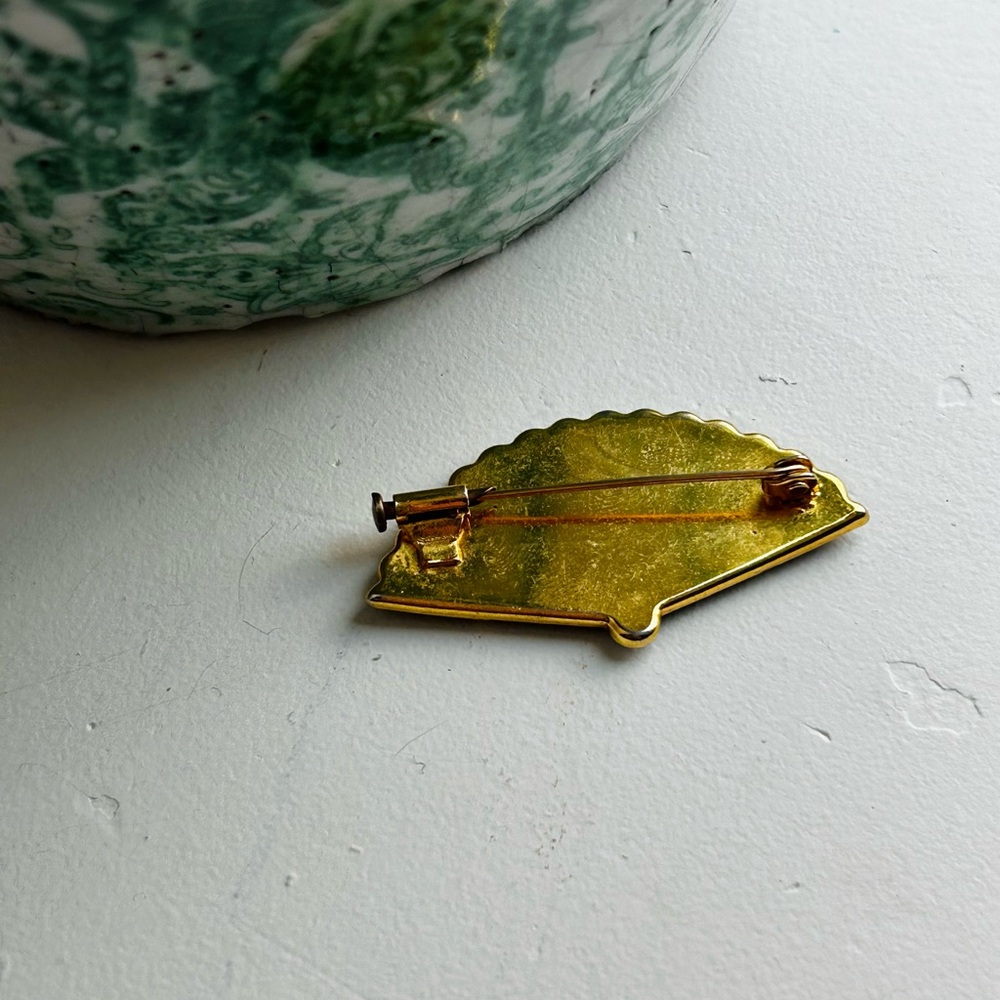 Vintage MCM Damascene Spanish Bird Floral Fan Enamel Brooch - Picture 3 of 4